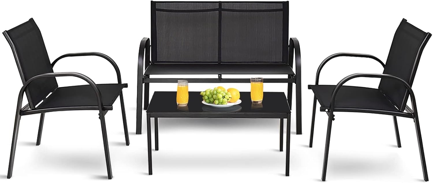 DORTALA 4 Piece Outdoor Furniture Set, Patio Conversation Set with Loveseat, 2 Single Chairs, Patio Sofa Garden Sofa Set with Steel Frame, Ideal for Balcony,Poolside, Black
