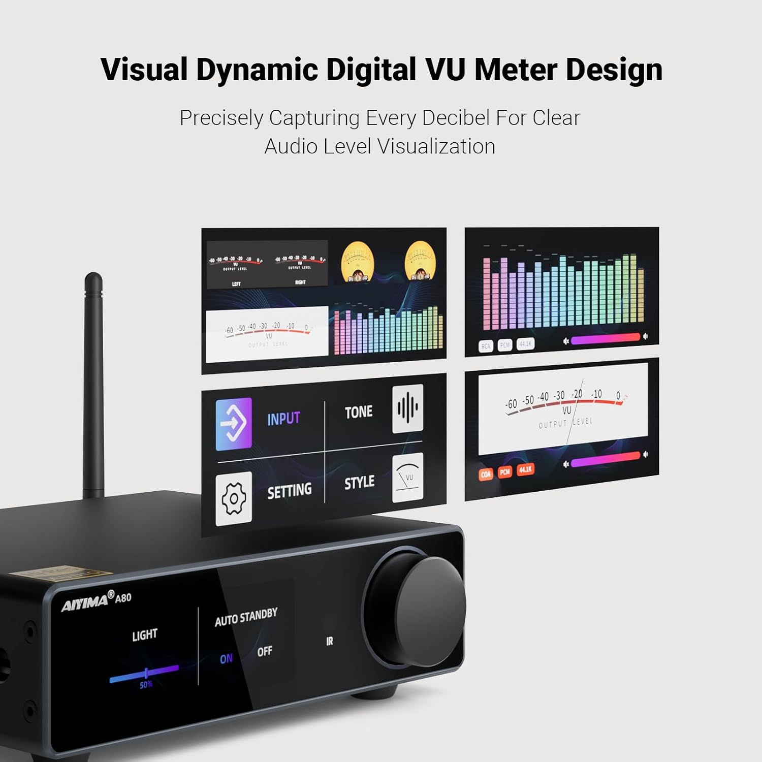 AIYIMA A80 Bluetooth Amplifier DAC Stereo HiFi Home Audio Receiver with PFFB,2.0 Channel Hi-Res Class D Power Amp with PC-USB COA Opt Inputs,Digital VU Meter | SUB Pre-Out | TRS Balanced Input |Tone