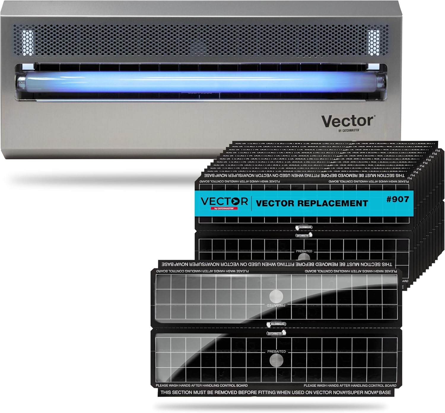 Catchmaster Vector 15 Black UV Light Fly Trap & Replacement Board Bundle, Fly Traps Indoor for Home, Electric Gnat Traps with Shatterproof Bulb, Silent Bug Light for Garage, 12-Pack Replacement Boards