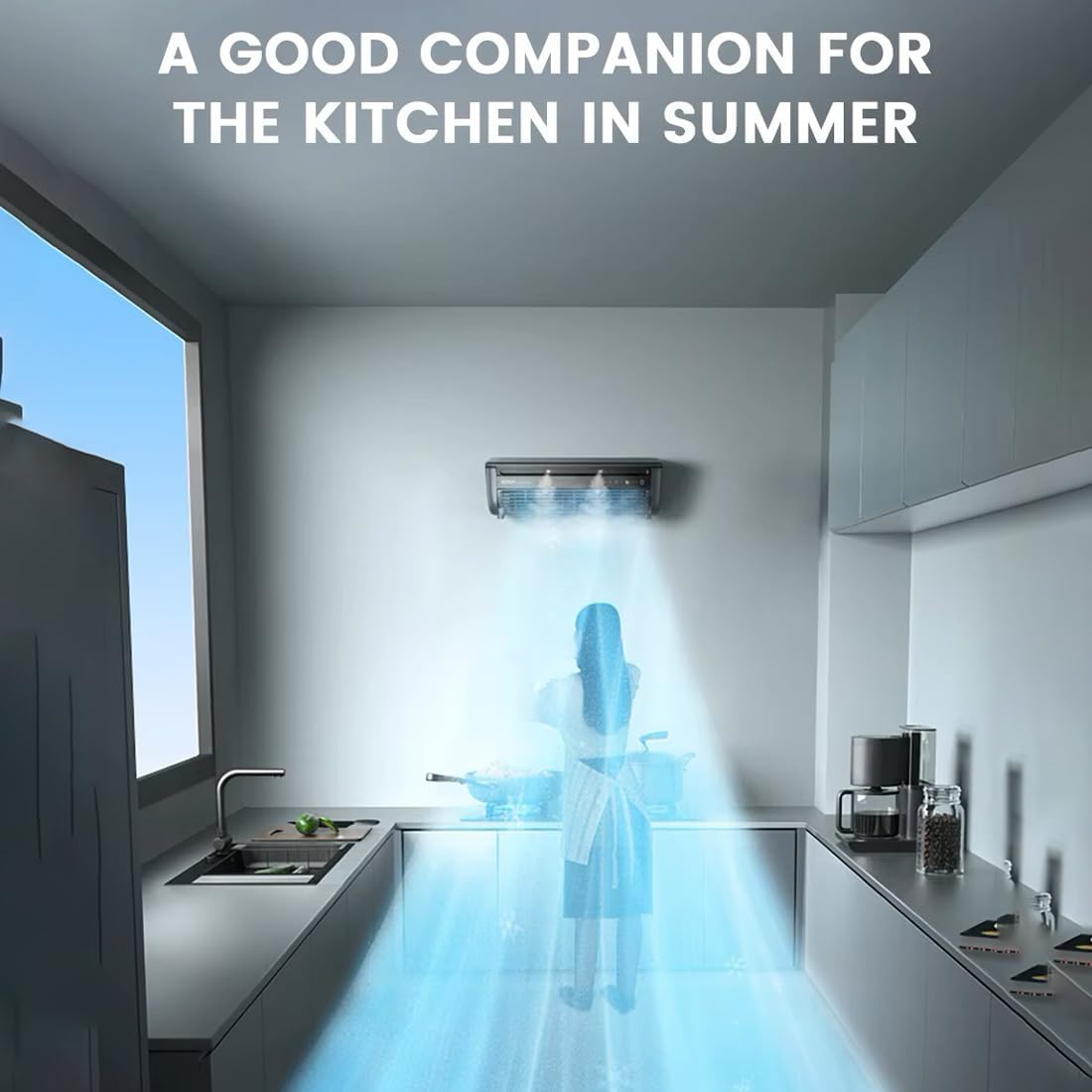 Mini Portable Air Conditioner, Portable Cooling Air-Conditioning Fan, No Drilling Kitchen Wall Wireless Charging Air Conditioner Fan, Ice Mist Ions, Rapid Cooling, for Home Kitchen (White)