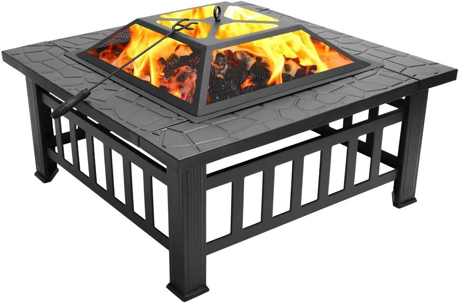32in Outdoor Metal Firepit Square Table Backyard Patio Garden Stove Wood Burning Fire Pit with Spark Screen, Log Poker and Cover