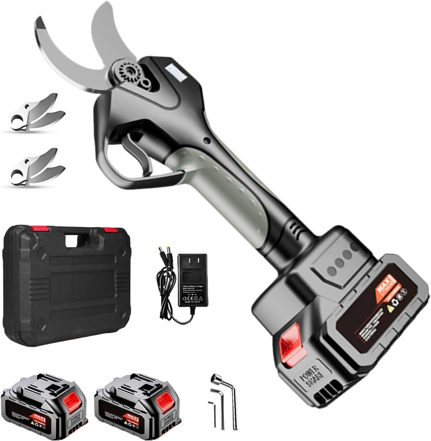 Cordless Electric Pruning Shears - Battery Powered High-Carbon Steel Blades, LCD Display, 2.1m Extendable Pole, Dual 4500mAh Batteries for Trees & Bushes Care