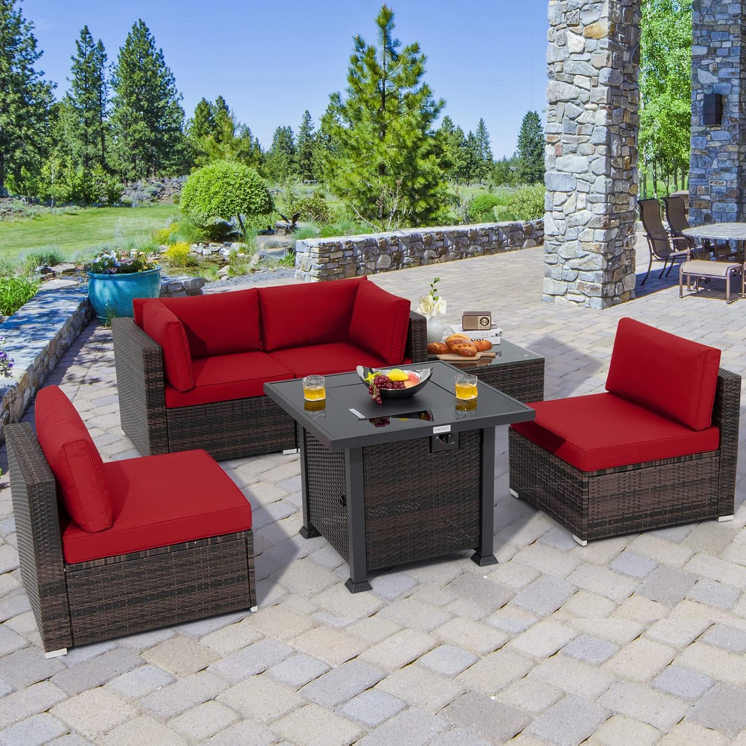 Tangkula 6 Piece Patio Wicker Conversation Set, Outdoor Rattan Sofa Set w/32” Propane Fire Pit Table, 50,000 BTU Heat, Tempered Glass Tabletop, Fire Pit Protective Cover Included (Red)