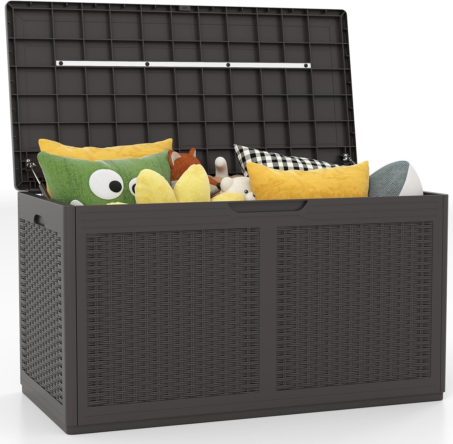 Tangkula 100 Gallon Outdoor Storage Box, Lockable Outdoor Storage Bench with 2 Smooth Wheels, Faux Rattan Surface, Waterproof Resin Deck Box for Outside Poolside Patio Garden (Brown)