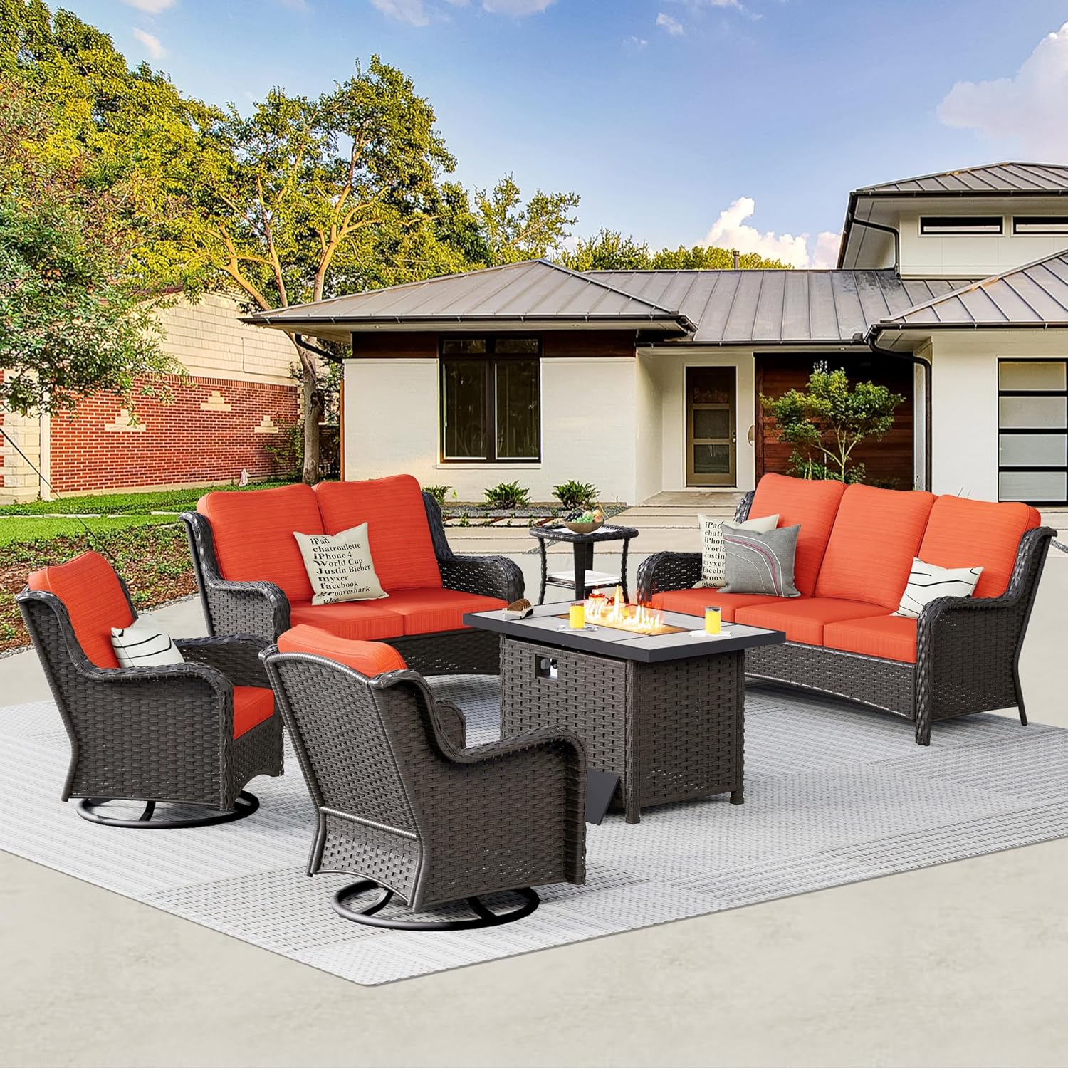 HOOOWOOO Patio Outdoor Furniture Set with Fire Pit Table,6 Piece Wicker Couch Sofa Swivel Chair Set,Weather Resistant Conversation Seating High Back Curve Arm(Orange Red)
