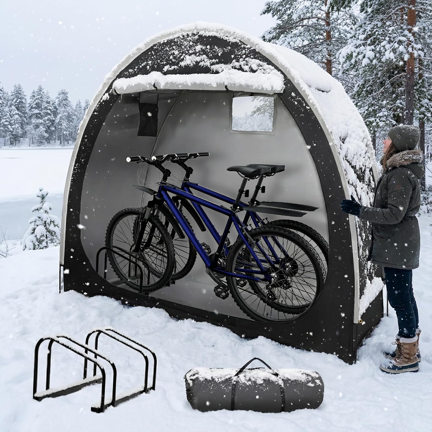 Bike Tent with Bicycle Racks Outdoor Portable Bicycle Storage Sheds with 210D Oxford 800ppm Waterproof for 2/3 Bikes, Covers Shelter for Motorcycle, Garden Tools, Lawn Mower