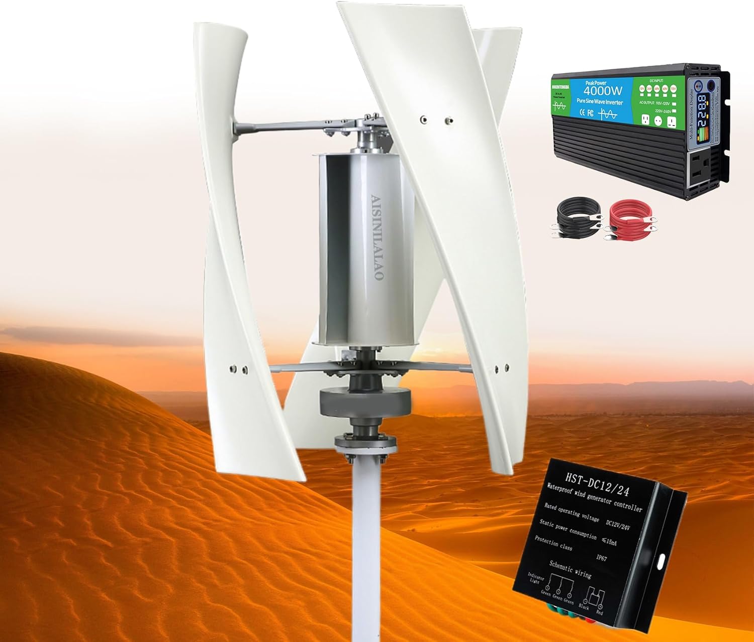 Vertical Wind Turbine Generator, 3000W 12V 24V 48V 220V 3 Blade Noiseless Magnetic Levitation Wind Turbine Set with Inverter for Home Or Camping