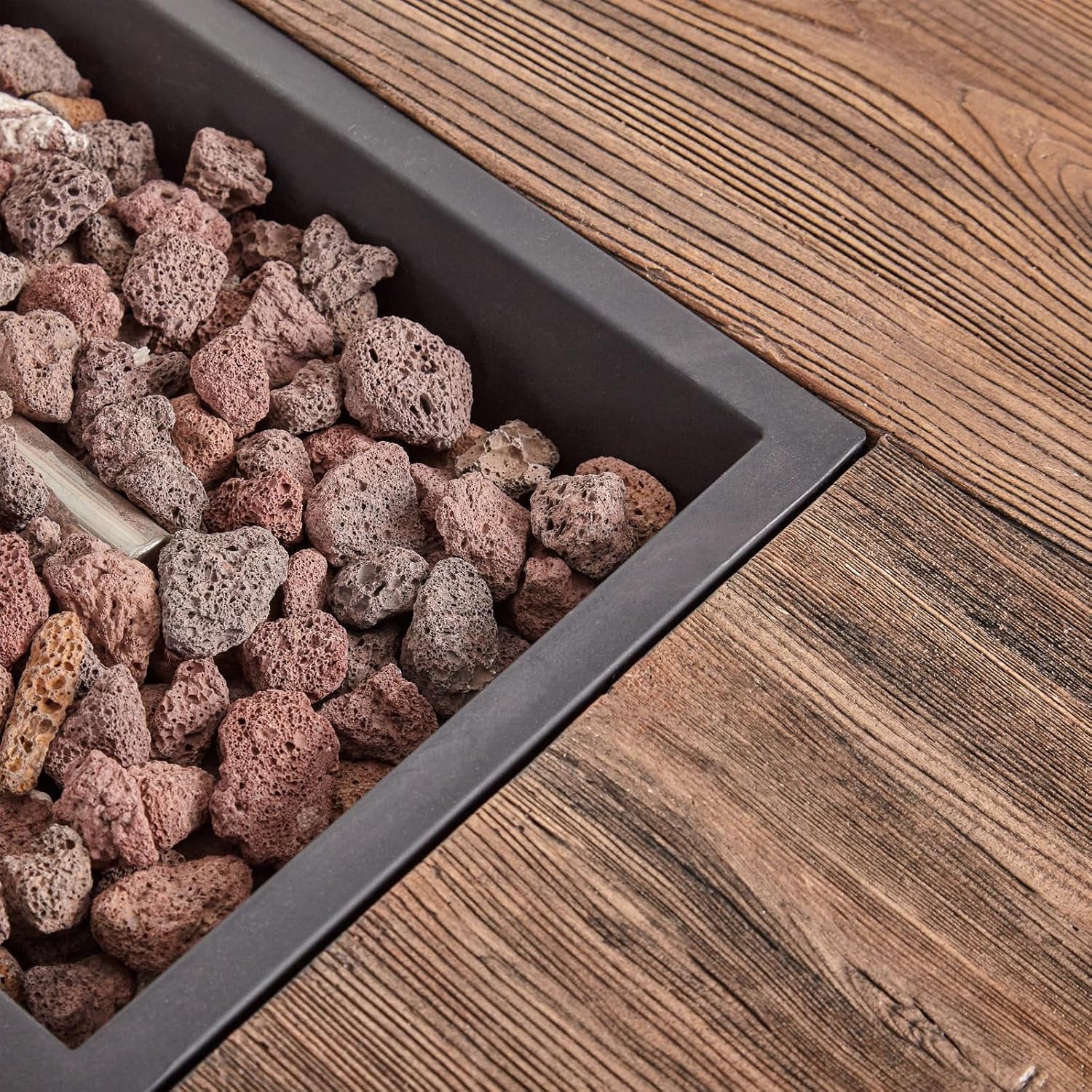 Penau Outdoor Patio Concrete Fire Table - Rectangle Gas Burning 56-Inch Fire Pit, 50,000 BTU, Wood Pattern - Brown (Tank Cover Not Included)