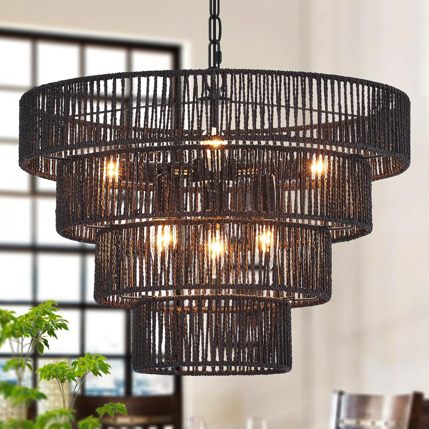 Black Rattan Chandelier Vintage Farmhouse 6-Lights Boho Hand-Woven Bamboo Black Chandeliers Light Fixture Retro Drum Wicker Chandelier for Dining Room, Kitchen, Living Room, E12