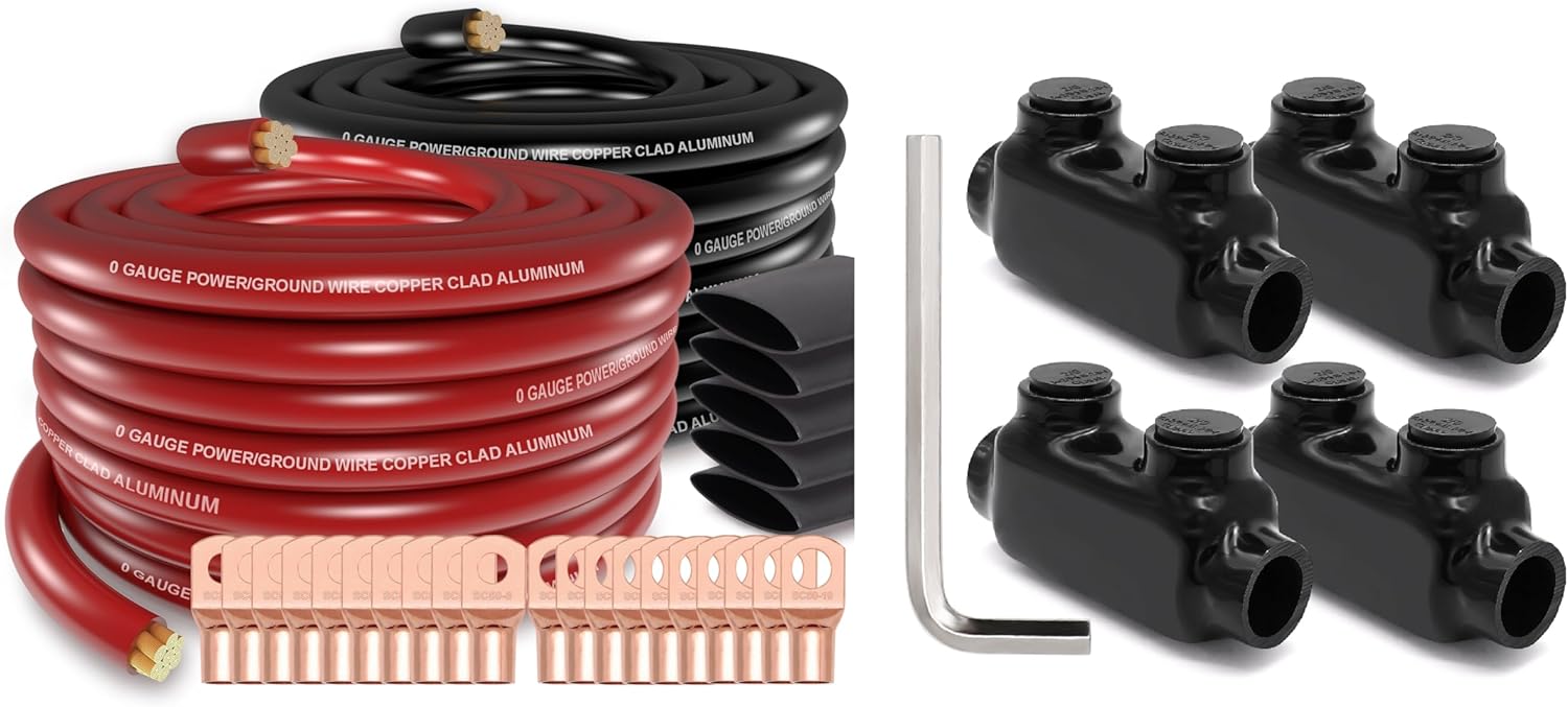 1/0 Gauge Wire (40ft) Copper Clad Aluminum CAA Car Amplifier Power & Ground Cable and Insulated Inline Splice Connector 2/0-6 Gauge Wire Connectors