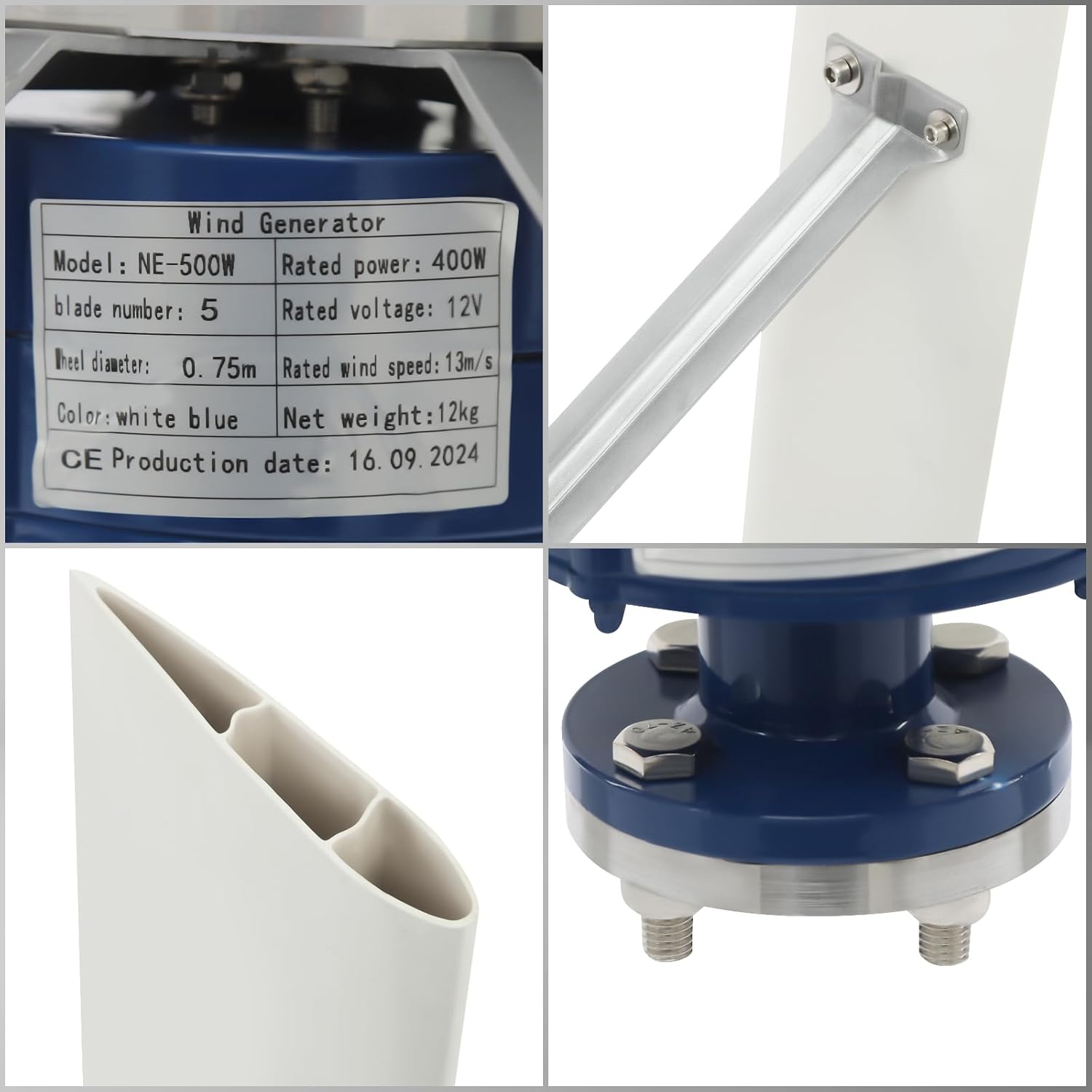 5-Blade Wind Turbine Generator, Vertical Axis Wind Turbine Generator, IP67, 12V 500W Wind Power Generator with Controller for Households, Ships, Pavilions, RV