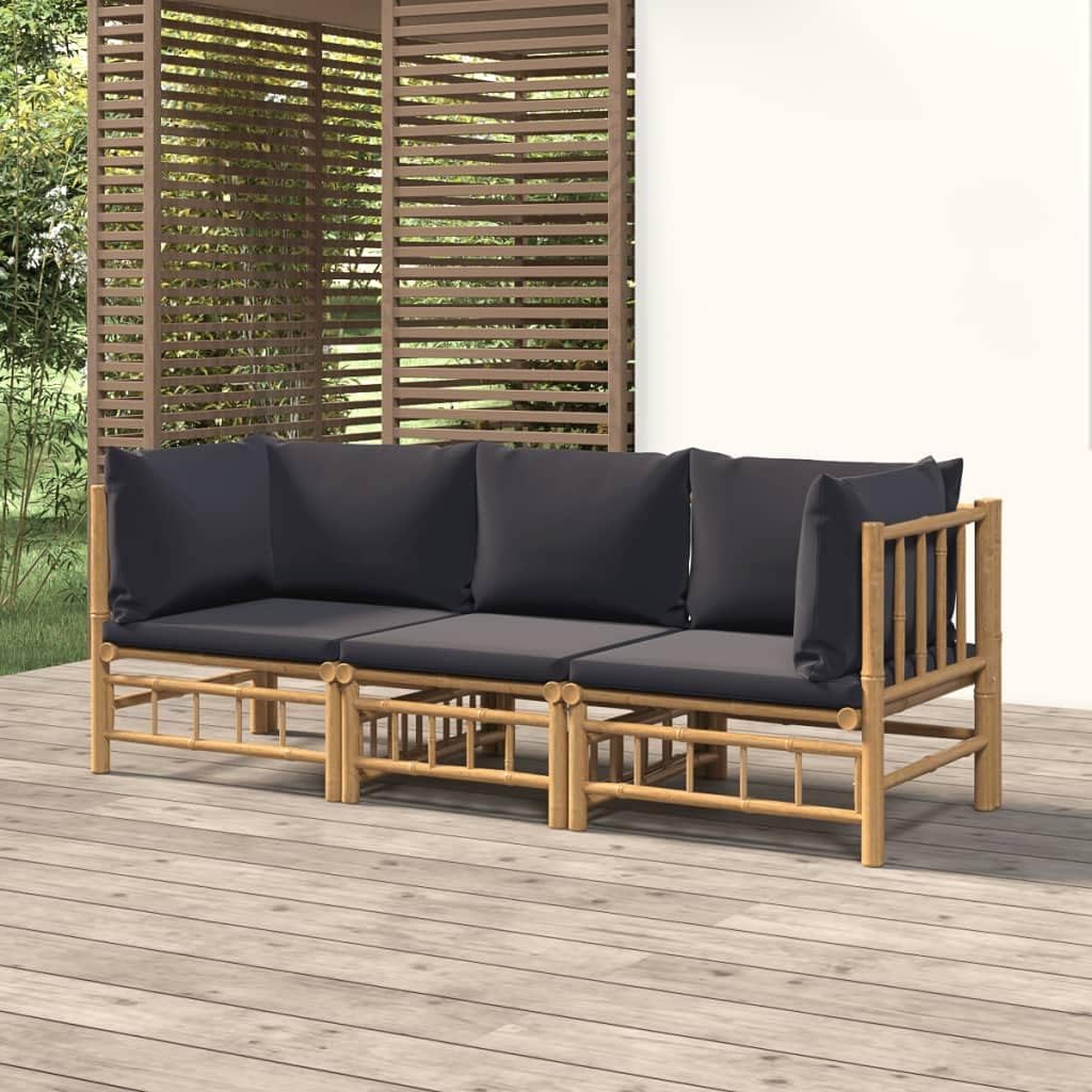 Garden Lounge Set Dark Grey Bamboo Medium Modular, 3-Piece Outdoor Patio Furniture with Cushions, Square Design for Balcony, Weather-Resistant