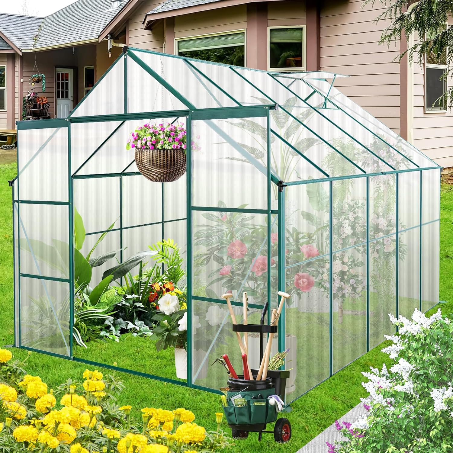 Polycarbonate Greenhouse with Aluminum Frame, Walk-in Garden Greenhouse for Outdoor Backyard, Heavy Duty Raised Base and Anchor, Adjustable Roof Vent, Sliding Door, Drainage System (Green,8x10 FT)