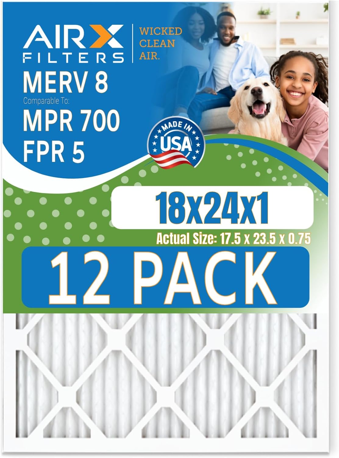 18x24x1 Air Filter MERV 8 Rating, 12 Pack of Furnace Filters Comparable to MPR 700 & FPR 5 - Made in USA by AIRX FILTERS WICKED CLEAN AIR.