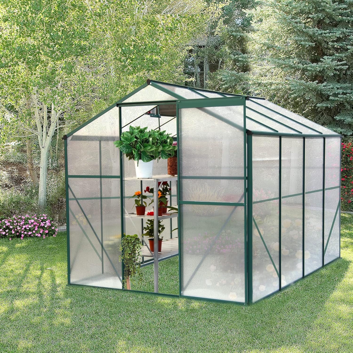 6'x8' Polycarbonate Greenhouse for Outdoors, Heavy Duty Aluminum Green House with Rain Gutter, Sliding Doors & Vent Window, Walk in Greenhouse Kit for Winter, Outside, Backyard, Garden (Green)
