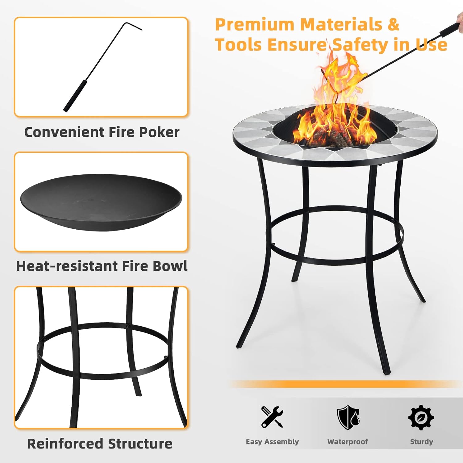 Tangkula Outdoor Fire Pit Table with Tile Tabletop, Small Round Steel Fire Bowl with Screen Cover, Fire Poker, Patio Wood Burning Fire Table for Camping, Bonfire & Outdoor Heating