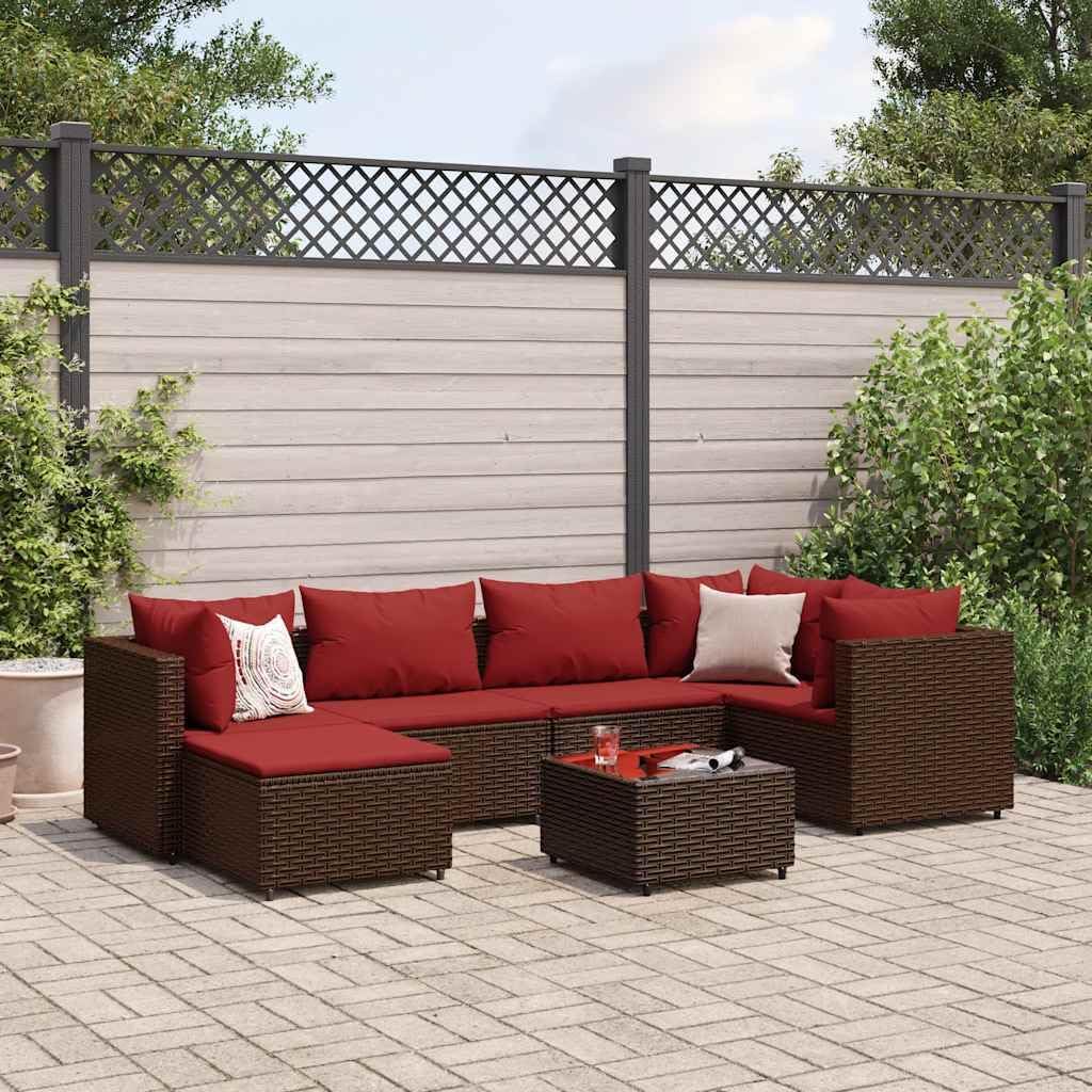 7-Piece Patio Lounge Set, Brown Poly Rattan Outdoor Furniture, Modular Garden Sofa with Cushions, Weather-Resistant Seating for 6 People, Balcony & Terrace