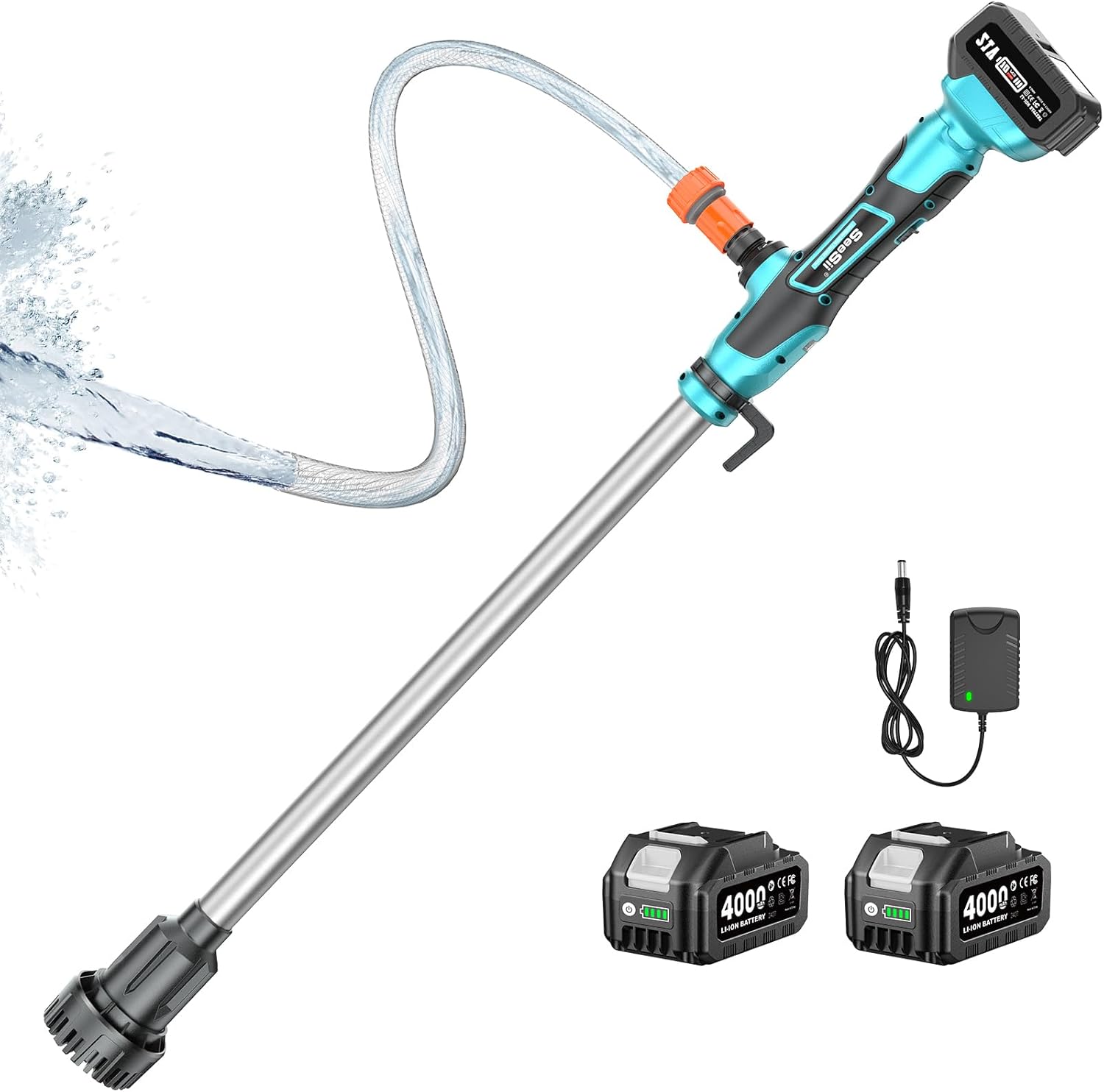 SEESII Cordless Stick Water Transfer Pump, with Dual 4000mAh Batteries & Charger, 720GPH, 32FT Head, Handheld Portable Utility Sump Pump Kit with 3/4