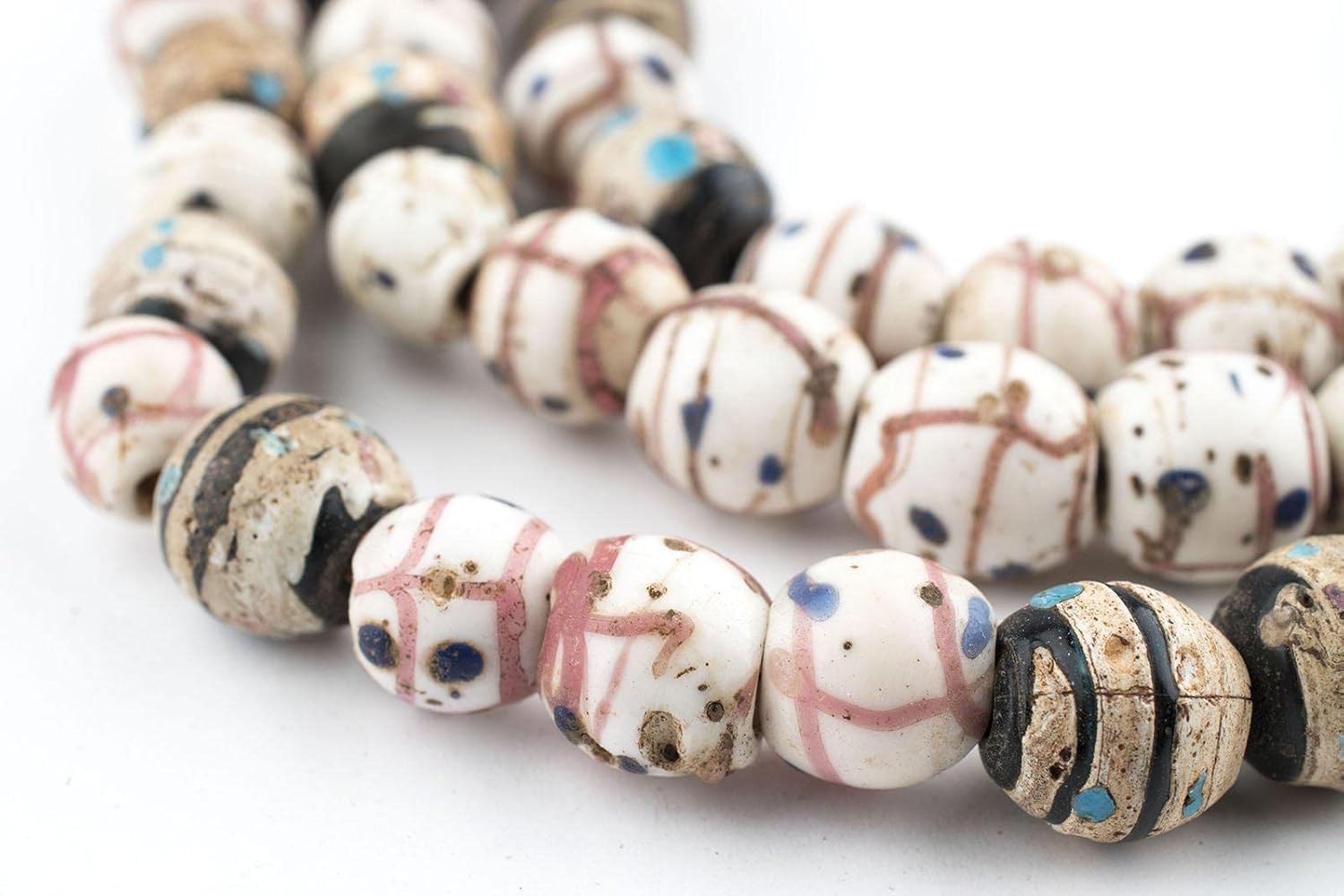 The Bead Chest Antique Venetian Medicine Man Trade Beads Double Strand 11mm Ethiopia African Multicolor Round Glass Large Hole 40 Inch Strand