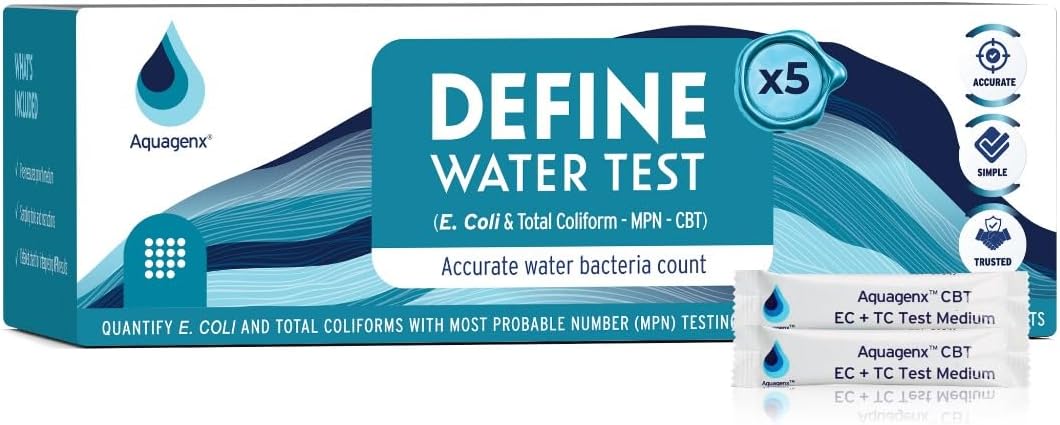 Define Water Test Kit - Detects Most Probable Number of E. coli & Total Coliform - No Lab Required - Home, Well, Tap & Freshwater Testing (5 Pack)