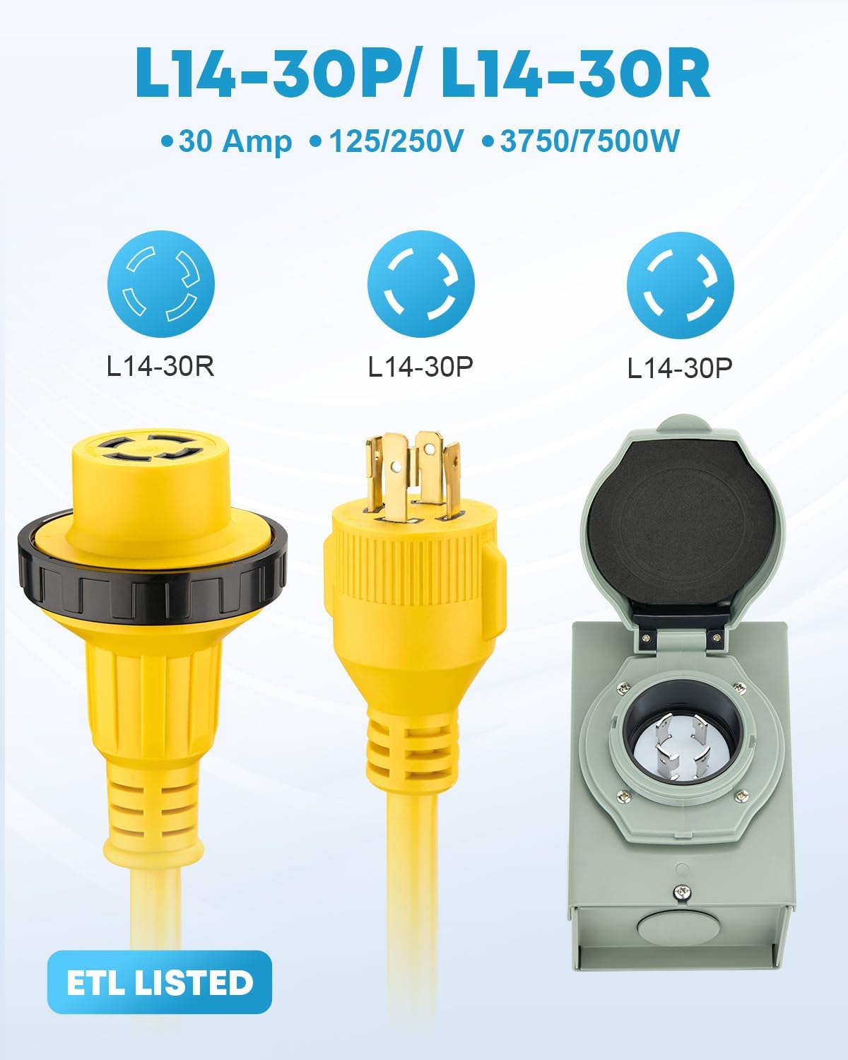 Kohree 25 Feet 30 Amp Generator Cord and Power Inlet Box Kit, 4 Prong NEMA L14-30P to L14-30R Generator Extension Cord, 30Amp Pre-Drilled Inlet Box with Cord Waterproof Combo Kit, 125/250V, ETL Listed