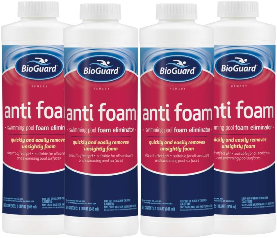 BioGuard Anti Foam, 1 Quart, Pack of 4, Swimming Pool Foam Eliminator, pH-Neutral Suitable for All Sanitizers and Swimming Pool Surfaces