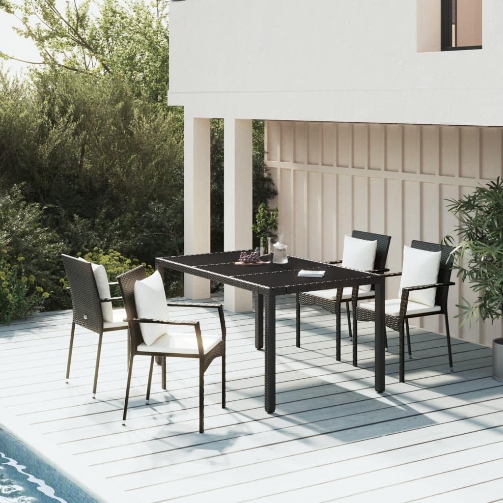 5 Piece Patio Dining Set with Cushions Black Poly Rattan Garden Furniture