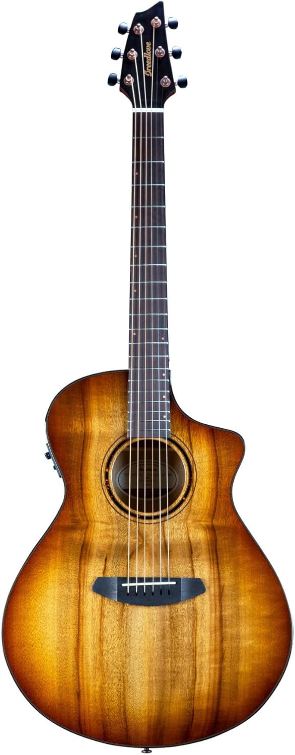 Breedlove Pursuit Exotic S Concert 6-String Myrtlewood Wood Top Acoustic Electric Guitar with Slim Neck and Pinless Bridge (Right-Handed, Amber)