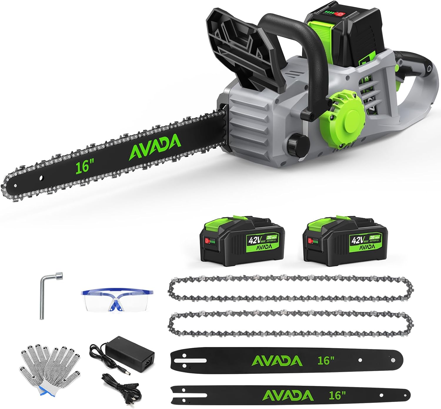 Electric Chainsaw Cordless, 42V 16 Inch Battery Chainsaw with Brushless Motor and Quiet Superior Cutting Power, Hand Battery Powered chainsaw for Tree Trimming Wood Cutting, 2 Battery and Charger