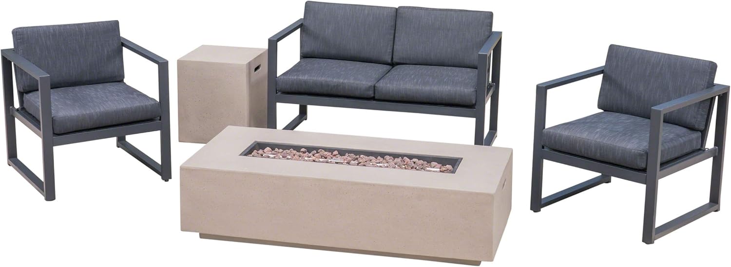 Great Deal Furniture Outdoor 4-Seater Aluminum Chat Set with Fire Pit and Tank Holder, Dark Gray and Black and Light Gray
