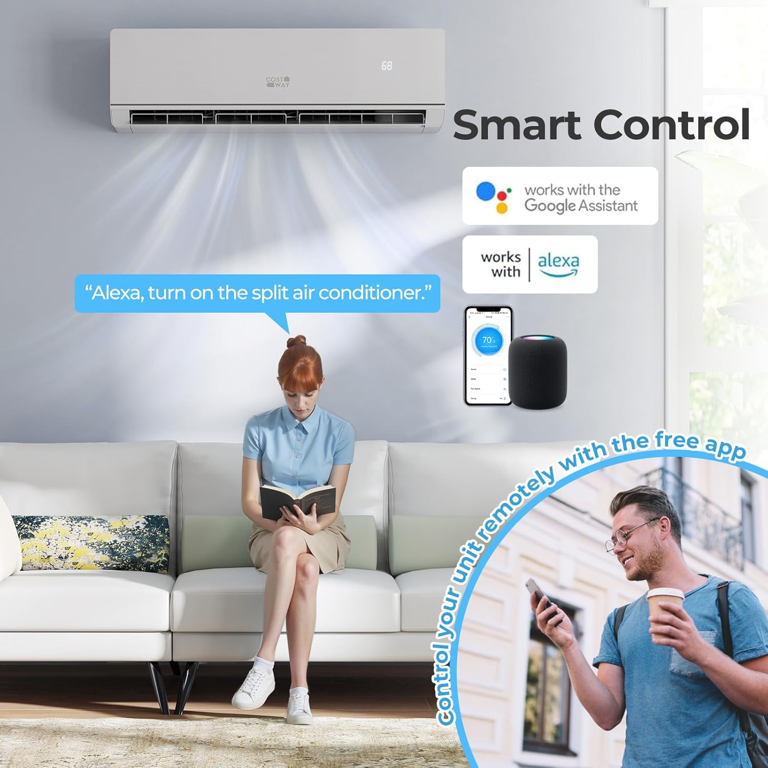 COSTWAY 24000 BTU Mini Split Air Conditioner & Heater, WiFi Enabled 25 SEER2 208-230V Ductless Inverter AC Unit w/2 Ton Heat Pump & Installation Kit, Works w/Alexa, Cools Rooms Up to 1500 Sq.Ft