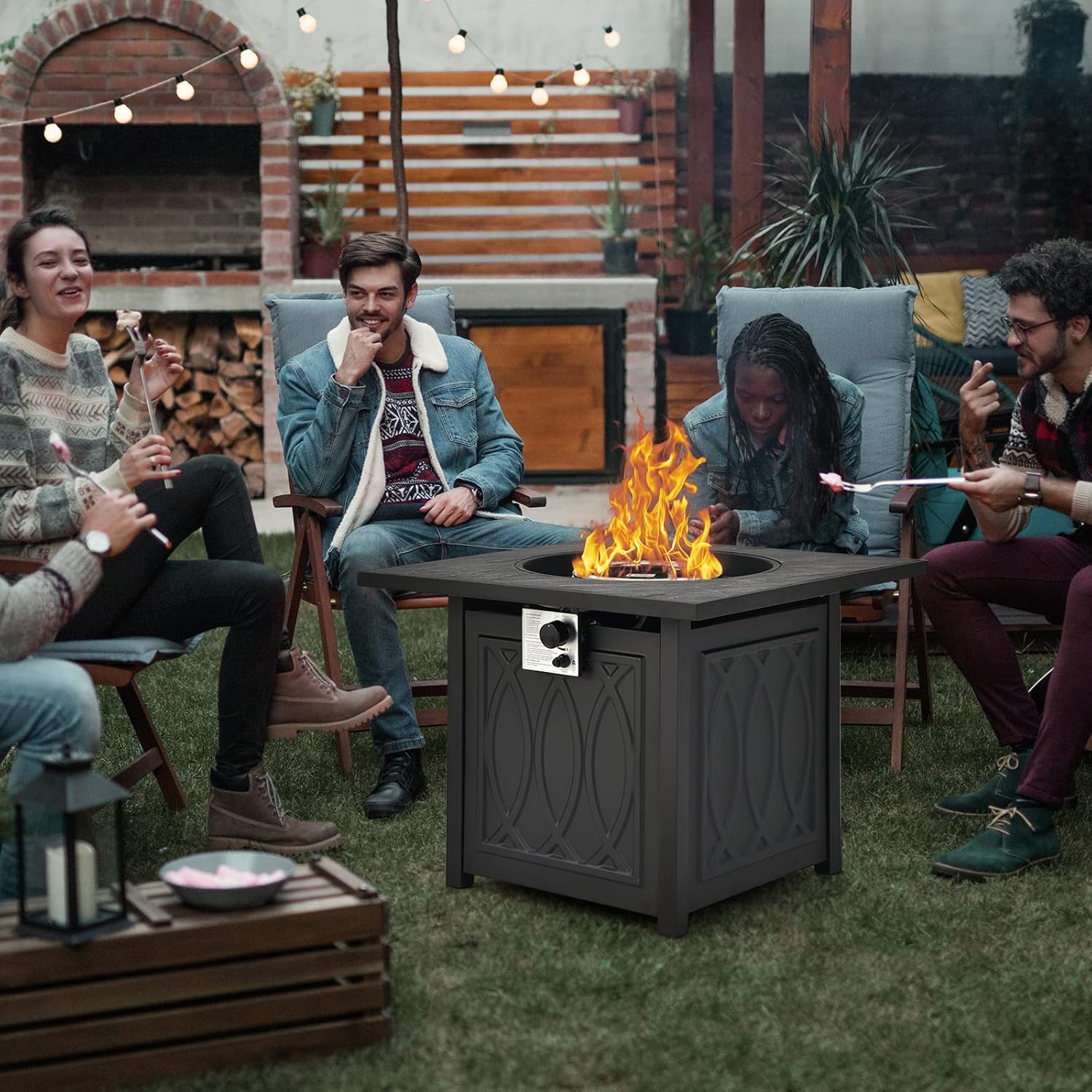 Tangkula 32 Inches Gas Fire Pit Table, 50,000 BTU Square Propane Firepit with High-Temp Resistant Tabletop, Adjustable Flame Lava Rocks and Waterproof Cover, Outdoor Fire Pit Table (Black)