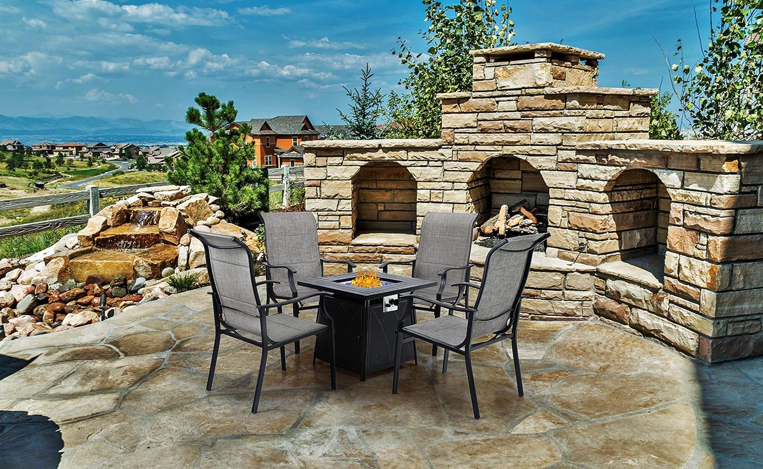 PHI VILLA 28” Gas Fire Pit Table with 4 Patio Sling Chairs, 5 Piece Propane Fire Pit Set with 5Kg Fire Glass, Outdoor Conversation Set for Yard, Patio