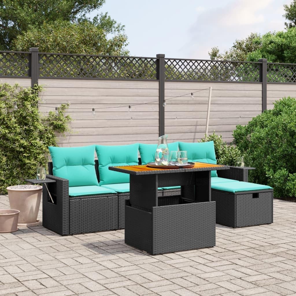 6 Piece Patio Sofa Set, Black Poly Rattan Outdoor Furniture with Adjustable Table, Cushions, Modular Design for Garden, Balcony
