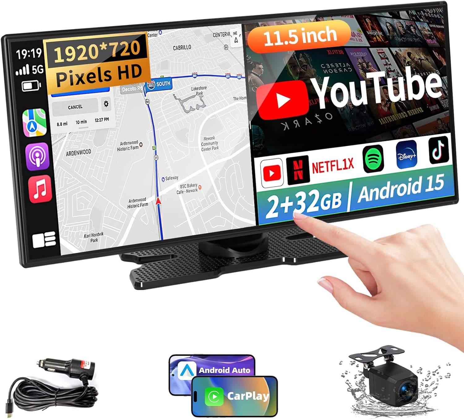 Largest 11.5 inch Wireless CarPlay Screen for Car,Built-in N-etflix/YouTube/TikTok and other apps,A-pple CarPlay & Android Auto screen with1080P Backup Camera/Navigation/Voice Control,for All Vehicles
