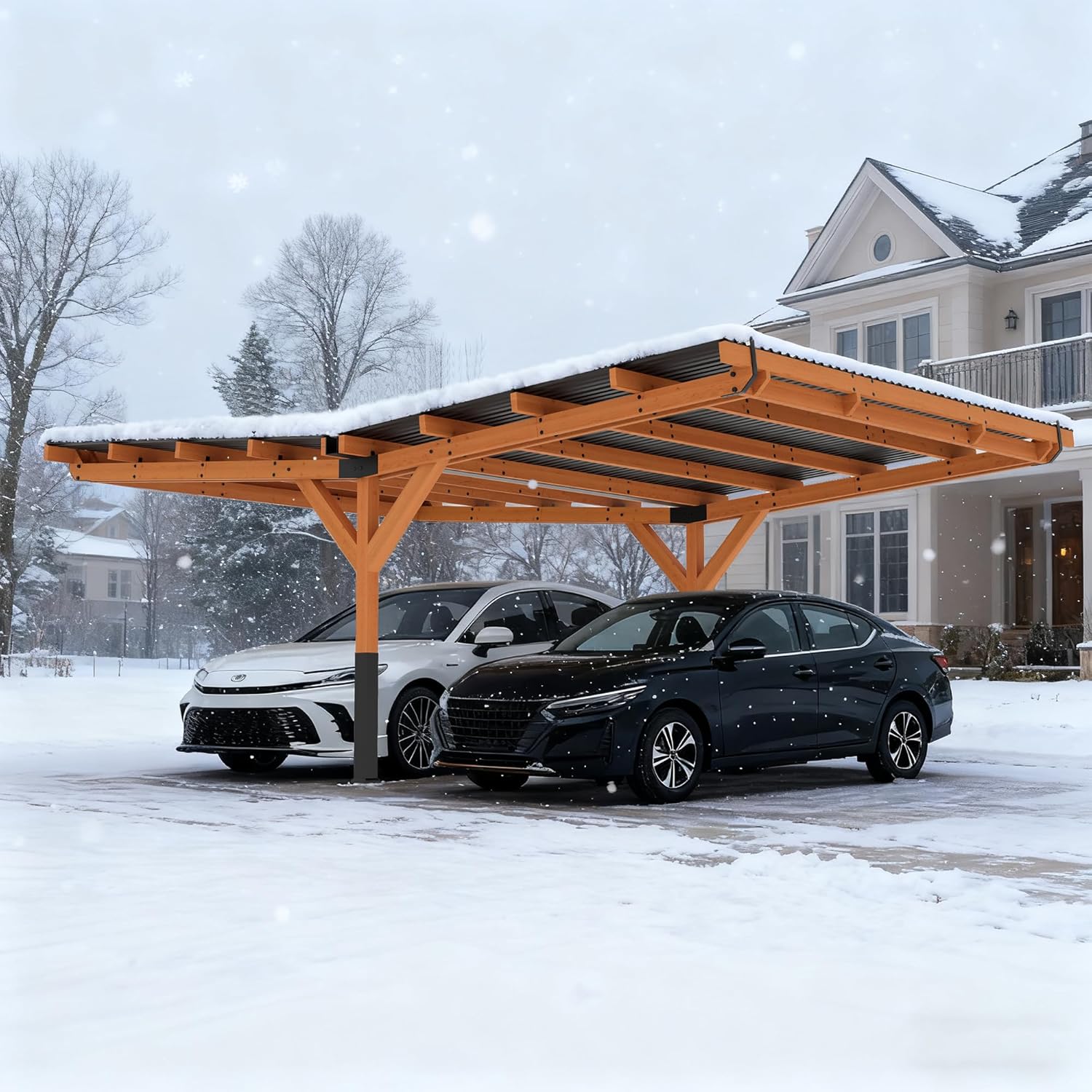 24.5 x 16.6 x 6.5 FT Wood Carport for 2 Cars, Heavy Duty Canpony Carport with Sloped Steel Roof for Compact Tractor & Vehicles