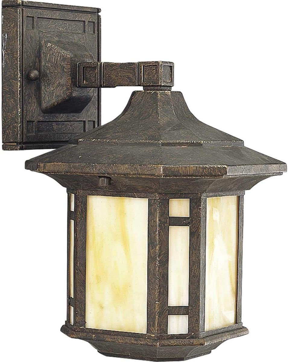 Progress Lighting P5628-46 1-Light Wall Lantern with Honey Art Glass and Mica Accent Panels, Weathered Bronze