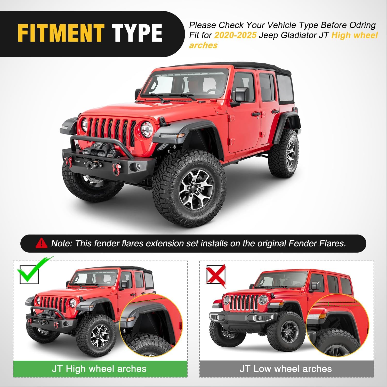 Nilight Fender Flares Extensions Set Compatible with 2020 2021 2022 2023 2024 2025 Gladiator JT Mojave & Rubicon (Only for High Wheel Arches) Off-Road Widened Front Rear Flat 4 PCS