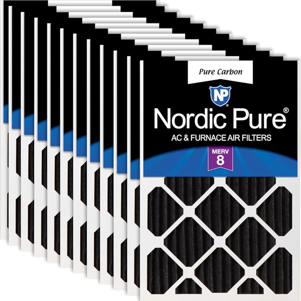 Nordic Pure 18x18x2 (Actual Size: 17 3/4 x 17 3/4 x 1 3/4) Pure Carbon Pleated Odor Reduction Merv 8 Furnace Filters 12 Pack