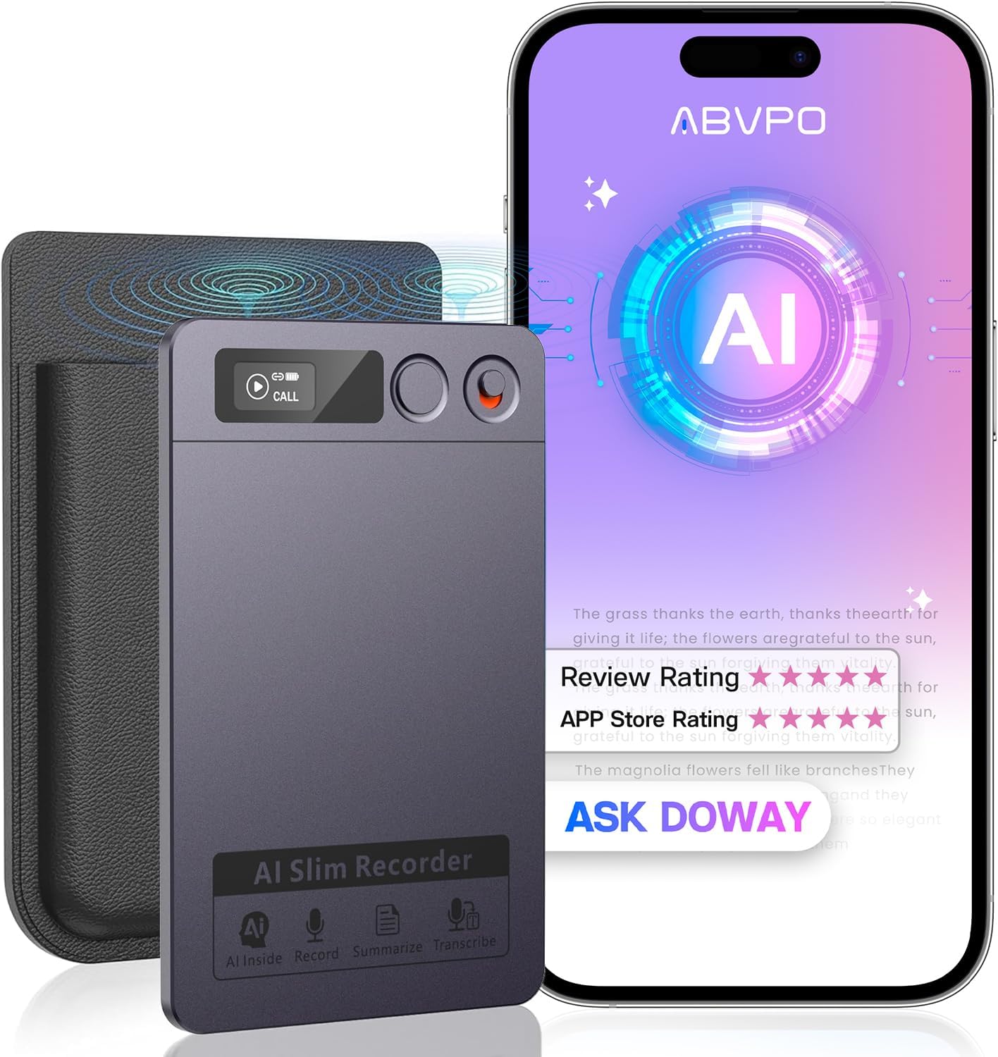 AI Voice Recorder, Note Voice Recorder Transcribe & Summarize, AI Noise Cancellation Technology, Supports 152 Languages, 64GB Memory APP Control Audio Recorder for Lectures, Meetings, Calls, Dark Gray