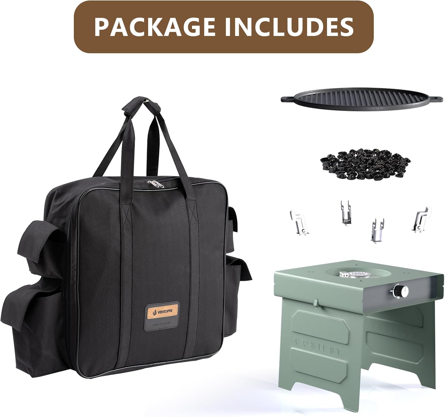 COSIEST 15.7 inch Outdoor Propane Fire Pit, Foldable Smokless Fire Table with Baking Tray, Mini Stainless Seel Iron Fire Pit with Portable Bag, Fire Glass for BBQ, Camping, Party, Yard, Green