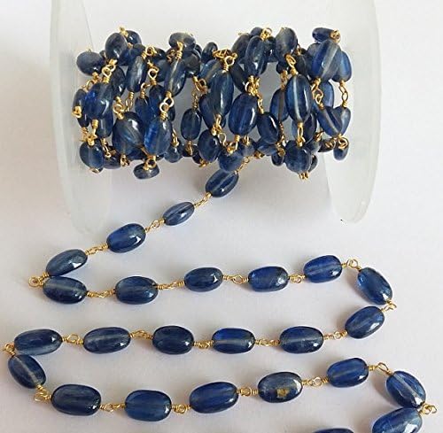 5 Feet Natural Kyanite Beaded Chain - Kyanite Smooth Oval 24k Gold Plated Wire Wrapped Chian - Graduation Size 4X6mm to 6X10mm
