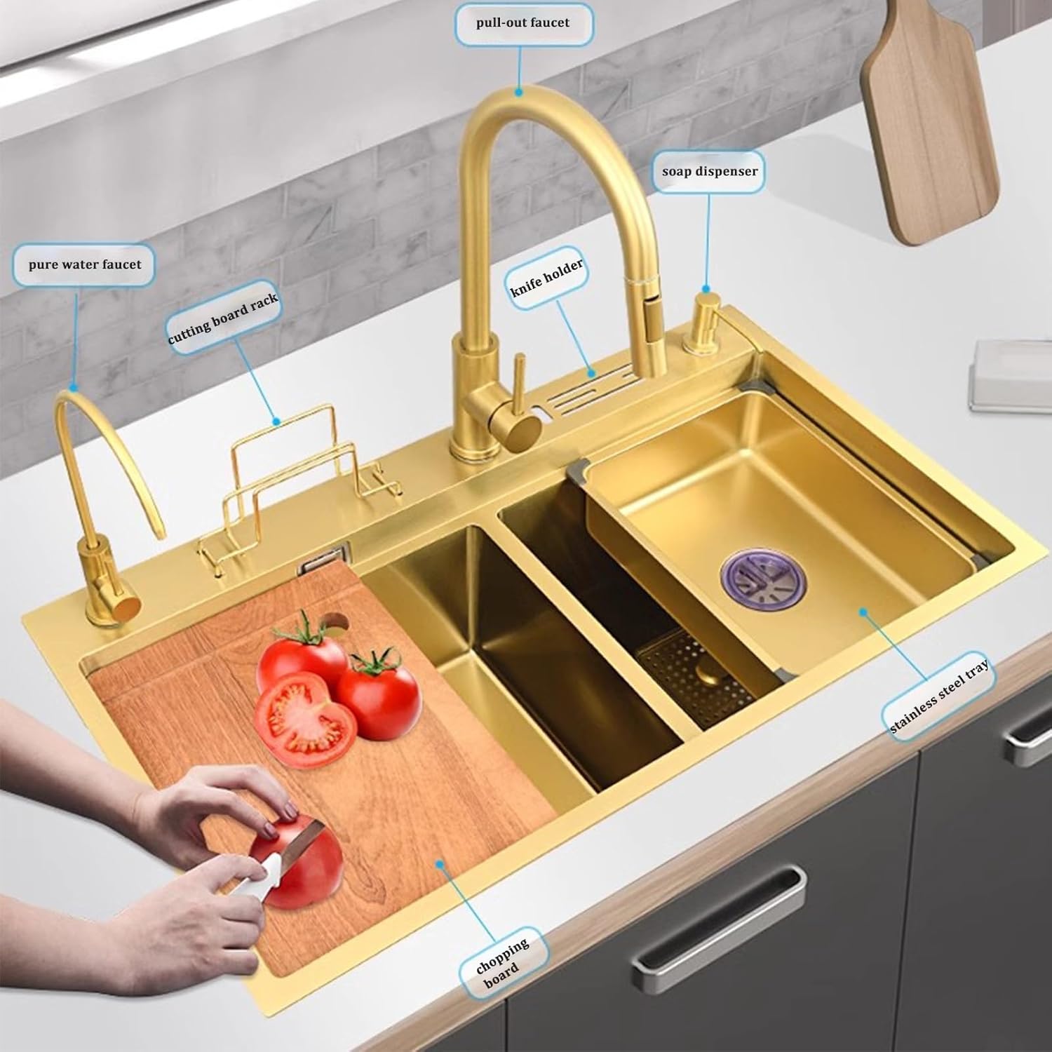 Kitchen Sink Tap,Golden Stainless Steel Sink Kitchen Double Bowl Sink Large Capacity Sink Golden Faucet Including Soap Dispenser and Other Accessories (82x46x24cm)
