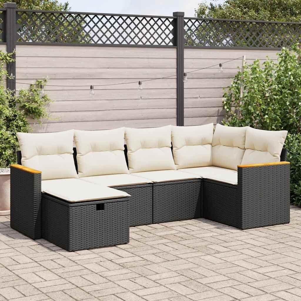 6-Piece Garden Sofa Set Black and Cream White with Removable Cushions and Adjustable Feet, Modern Outdoor Furniture Set for Patio Terrace Backyard, Weather-Resistant Wicker