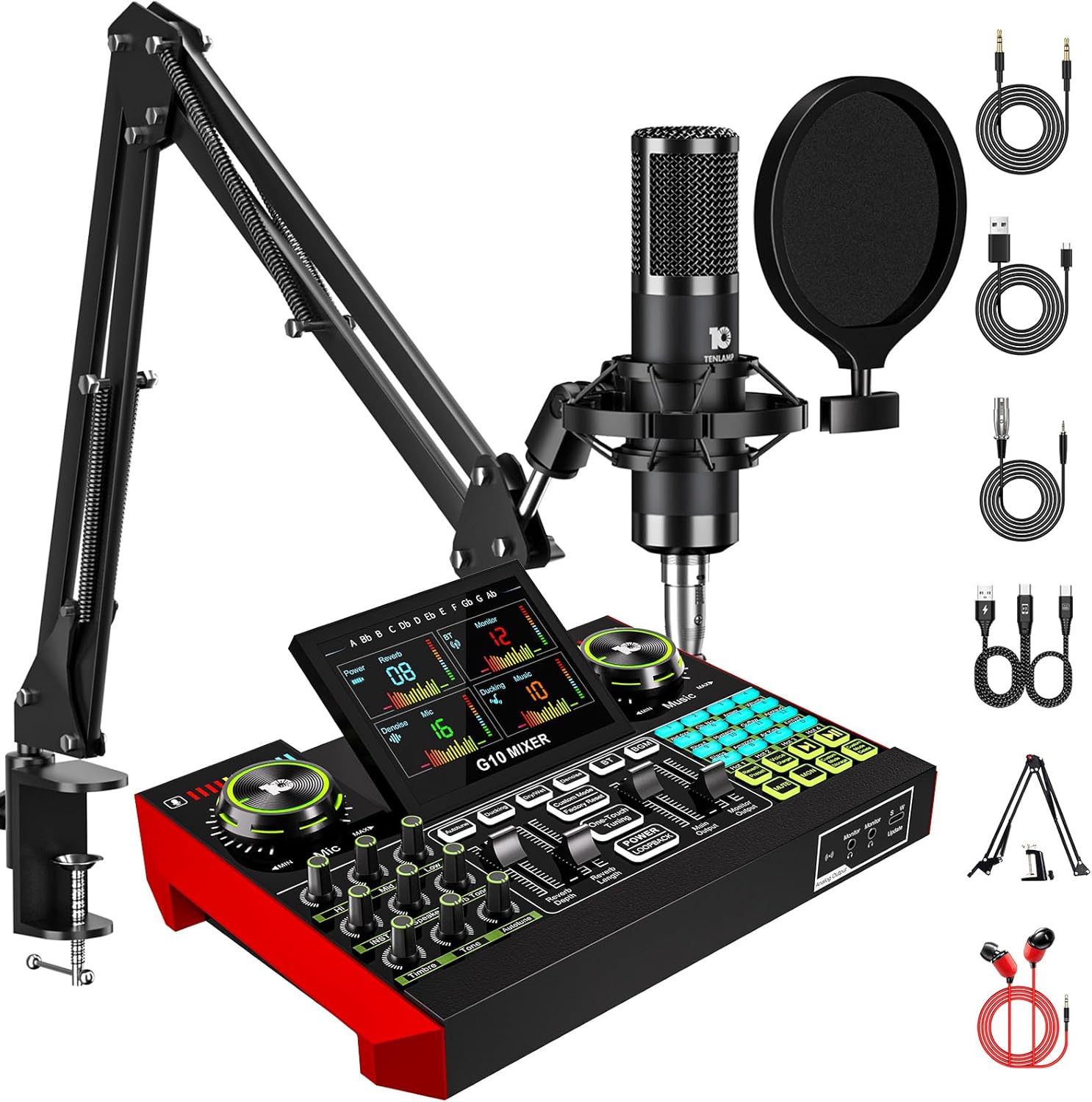 Podcast Equipment Bundle with 3.5mm Condenser Microphone for Pc/Phone Live Streaming Singing Gaming, Podcast Microphone Bundle with Live Sound Board Audio Mixer Denoise,DJ Sets