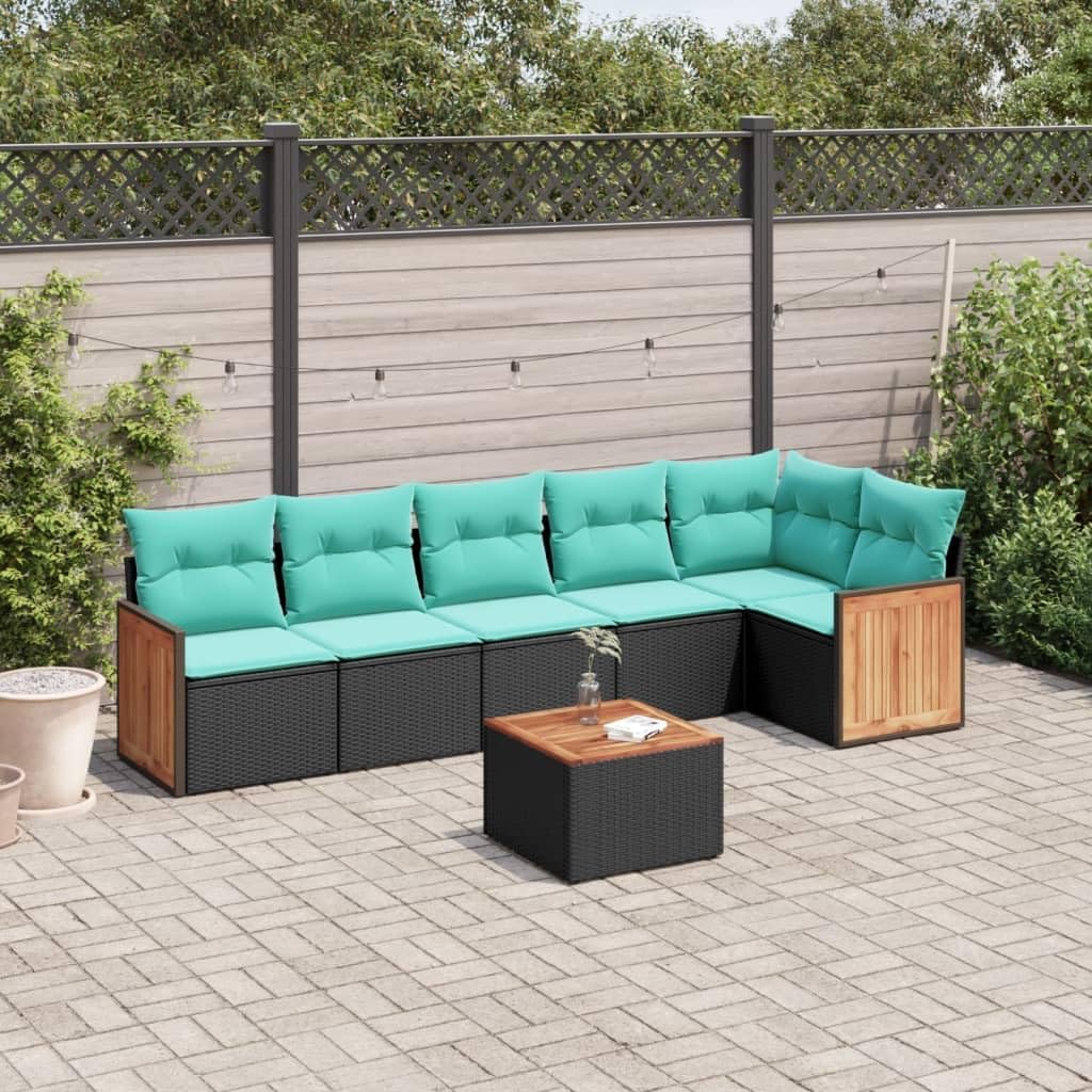 7 Piece Patio Sofa Set, Black Poly Rattan Outdoor Furniture with Blue Cushions, Storage, Acacia Wood Tabletop, UV-Proof for Garden, Backyard, Terrace