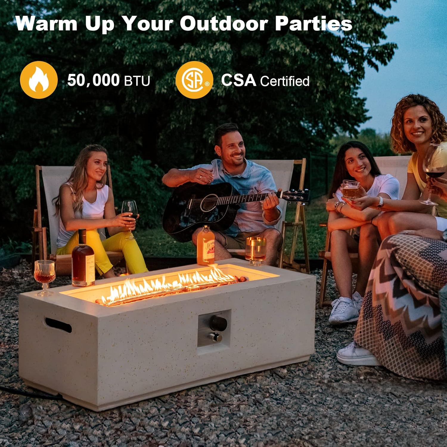 S AFSTAR Propane Fire Pit Table, 42 Inch 50,000 BTU Gas Fire Pit Table W/Stainless Steel Burner, & Volcanic Rocks, PVC Protective Cover, Outdoor Rectangular Terrazzo Fire Tables for Patio Pool Balcony