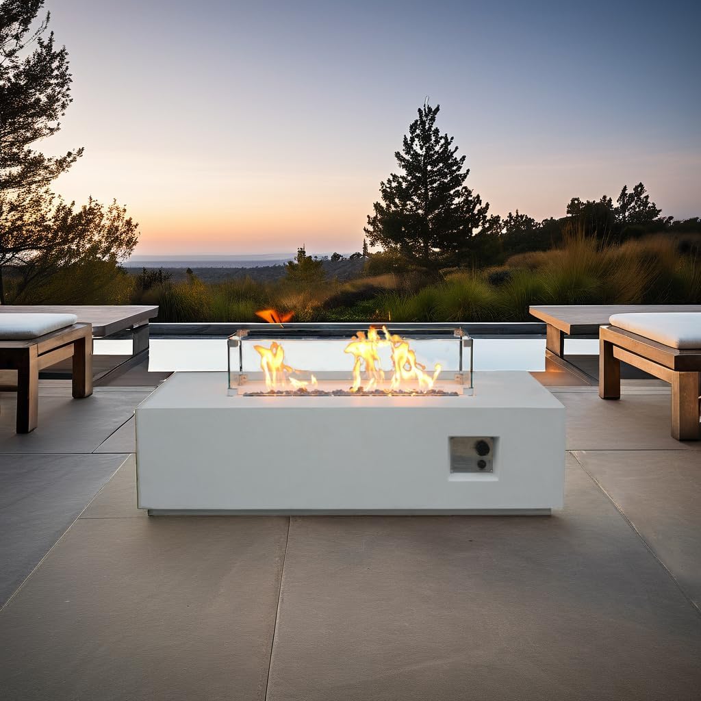 GOWE 52 Inch Outdoor Concrete Propane Gas Rectangle Fire Pit Table in Antique White Color