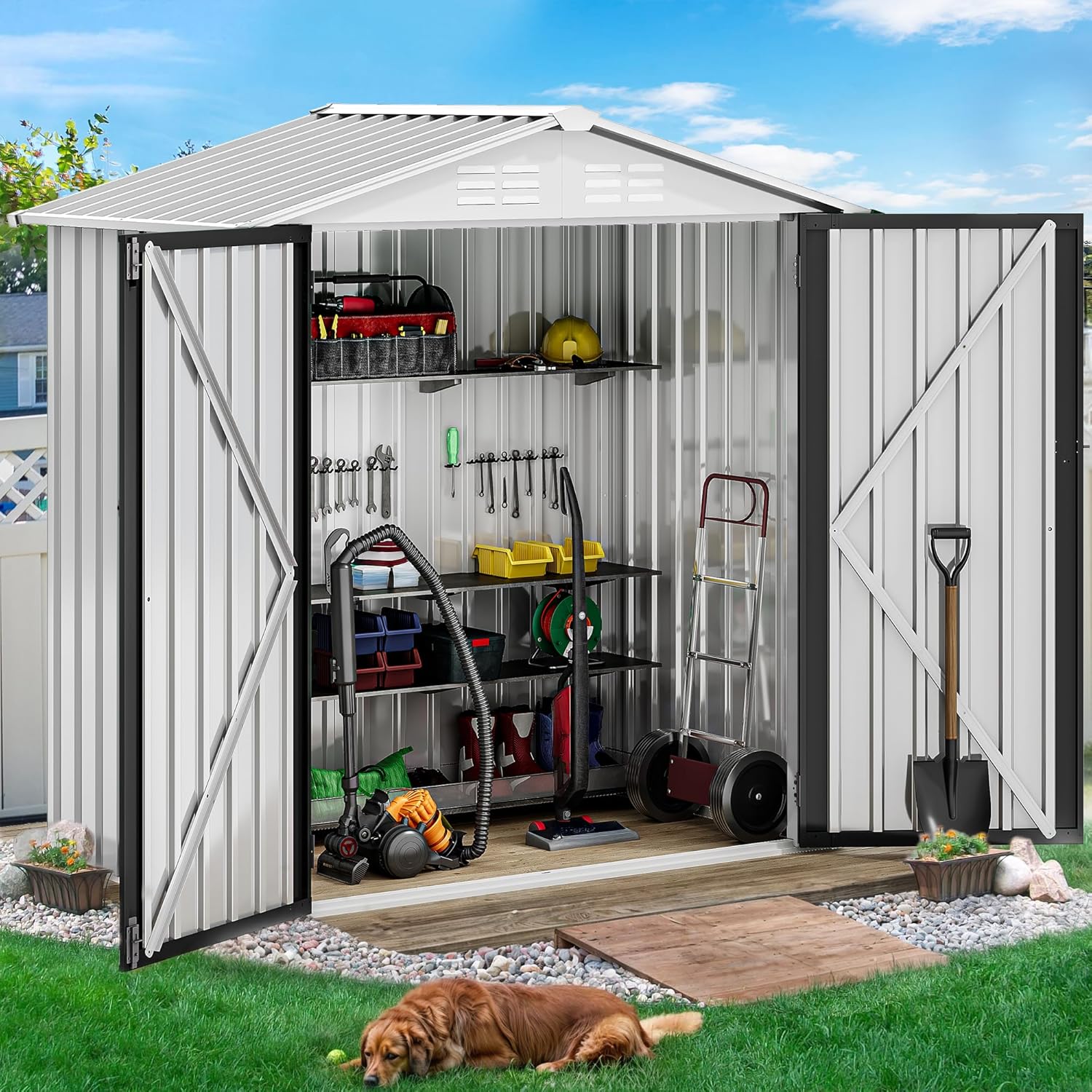 DWVO 5.6' x 3.2' Outdoor Storage Shed, Large Metal Tool Sheds, Heavy Duty Storage House with Lockable Doors & Air Vent for Backyard Patio Lawn to Store Bikes, Tools, Lawnmowers,White