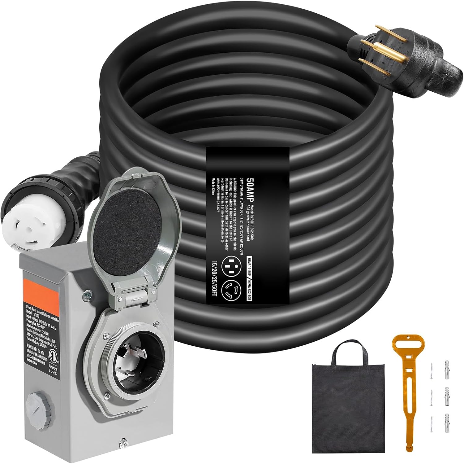 Happybuy 50FT Generator Cord & Power Inlet Box Kit, 50 Amp, NEMA 14-50P/SS2-50R, Twist Lock Connector, Pre-Drilled Inlet Box for Generator to House, ETL Listed